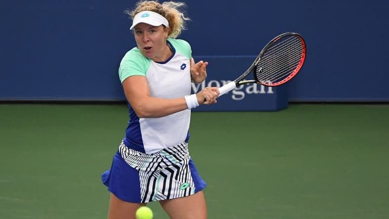 Sep 2, 2020; Flushing Meadows, New York, USA; Anna-Lena Friedsam of Germany hits a forehand against Angelique Kerber of Germany (not pictured) on day three of the 2020 U.S. Open tennis tournament at USTA Billie Jean King National Tennis Center. Mandatory Credit: Danielle Parhizkaran-USA TODAY Sports