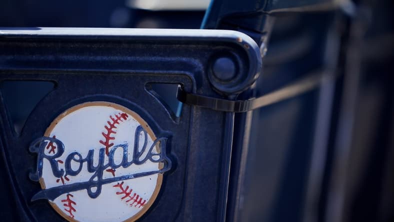 Apr 1, 2021; Kansas City, Missouri, USA; A general view of the Kansas City Royals logo on seats with complimentary flags for fans before the Opening Day game against the Texas Rangers Kauffman Stadium. Mandatory Credit: Denny Medley-USA TODAY Sports