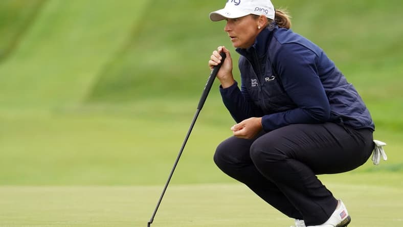 Jun 3, 2021; San Francisco, California, USA; Angela Stanford looks over her putt on the third green during the first round of the U.S. Women's Open golf tournament at The Olympic Club. Mandatory Credit: Kyle Terada-USA TODAY Sports