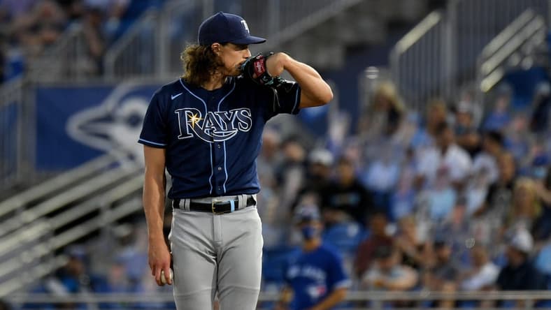 May 21, 2021; Dunedin, Florida, CAN; Tampa Bay Rays pitcher Tyler Glasnow (20) throws a pitch in the second inning against the Toronto Blue Jays at TD Ballpark. Mandatory Credit: Jonathan Dyer-USA TODAY Sports