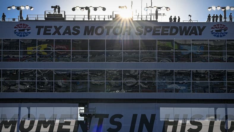 Jun 13, 2021; Fort Worth, TX, USA; A general view of the sunset and the track grandstands before the start of the NASCAR All-Star Race at Texas Motor Speedway. Mandatory Credit: Jerome Miron-USA TODAY Sports