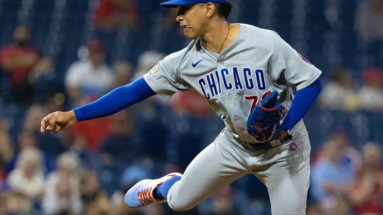 Sep 15, 2021; Philadelphia, Pennsylvania, USA; Chicago Cubs starting pitcher Adbert Alzolay (73) pitches against the Philadelphia Phillies during the sixth inning at Citizens Bank Park. Mandatory Credit: Bill Streicher-USA TODAY Sports