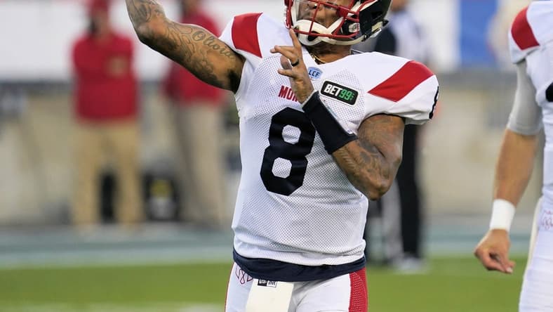 Sep 24, 2021; Toronto, Ontario, Canada; Montreal Alouettes quarterback Vernon Adams Jr. (8) goes to throw a pass during warm up against the Toronto Argonauts at BMO Field. Mandatory Credit: John E. Sokolowski-USA TODAY Sports
