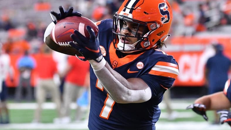 Sep 24, 2021; Syracuse, New York, USA; Syracuse Orange linebacker Stefon Thompson catches a pass before a game against the Liberty Flames at the Carrier Dome. Mandatory Credit: Mark Konezny-USA TODAY Sports