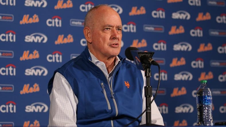 Sep 29, 2021; New York City, New York, USA; New York Mets team president Sandy Alderson speaks to the media before a game against the Miami Marlins at Citi Field. Mandatory Credit: Brad Penner-USA TODAY Sports