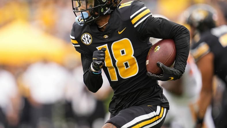 Oct 2, 2021; Columbia, Missouri, USA; Missouri Tigers wide receiver Chance Luper (18) runs against the Tennessee Volunteers during the first half at Faurot Field at Memorial Stadium. Mandatory Credit: Jay Biggerstaff-USA TODAY Sports