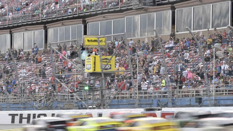 Oct 4, 2021; Talladega, Alabama, USA; General view of a restart during the YellaWood 500 at Talladega Superspeedway. Mandatory Credit: Adam Hagy-USA TODAY Sports