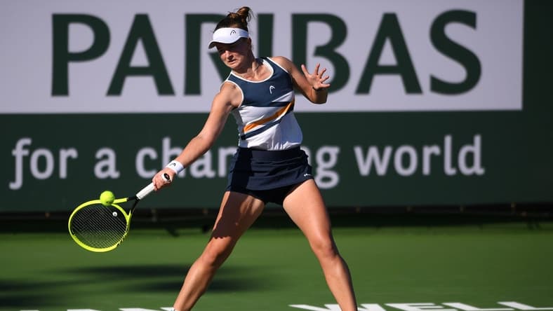 Oct 9, 2021; Indian Wells, CA, USA; Barbora Krejcikova (CZE) hits a shot against Zarina Diyas (KAZ) at Indian Wells Tennis Garden. Mandatory Credit: Orlando Ramirez-USA TODAY Sports