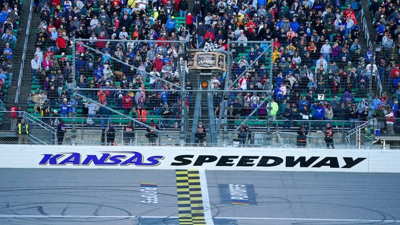 Oct 24, 2021; Kansas City, Kansas, USA; A general view of the finish line during the Hollywood Casino 400 at Kansas Speedway. Mandatory Credit: Denny Medley-USA TODAY Sports