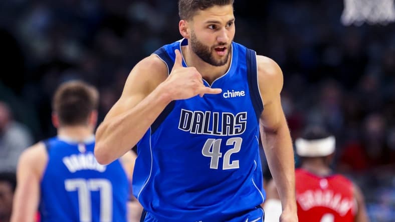 Dec 3, 2021; Dallas, Texas, USA;  Dallas Mavericks forward Maxi Kleber (42) reacts after scoring against the New Orleans Pelicans during the first quarter at American Airlines Center. Mandatory Credit: Kevin Jairaj-USA TODAY Sports