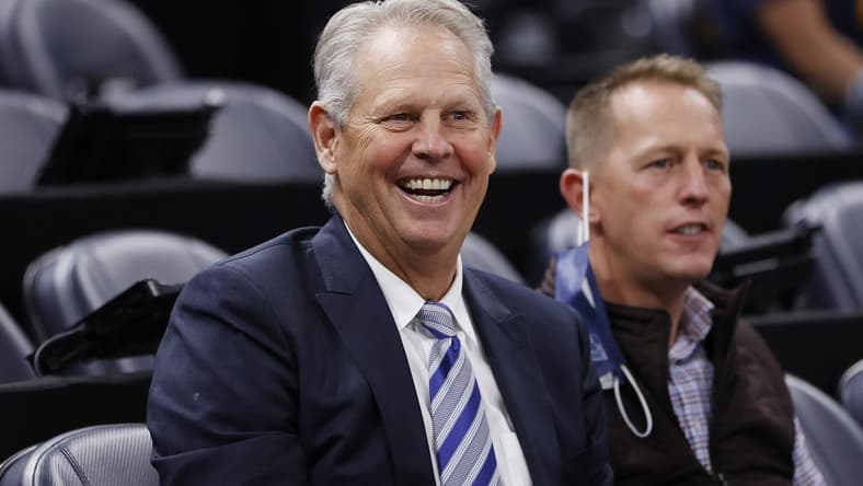 Dec 15, 2021; Salt Lake City, Utah, USA;  Danny Ainge watches pregame activities after he was Appointed Alternate Governor and CEO of Utah Jazz Basketball prior to their game against the LA Clippers at Vivint Arena. Mandatory Credit: Jeffrey Swinger-USA TODAY Sports