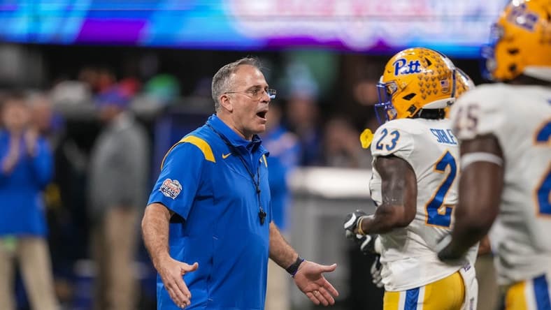 Dec 30, 2021; Atlanta, GA, USA; Pittsburgh Panthers head coach Pat Narduzzi on the field prior to the game against the Michigan State Spartans during the 2021 Peach Bowl at Mercedes-Benz Stadium. Mandatory Credit: Dale Zanine-USA TODAY Sports