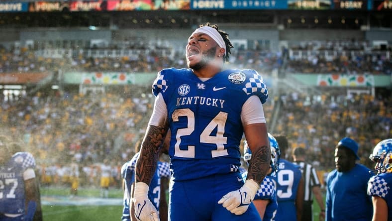 Kentucky running back Chris Rodriguez, Jr. (24) pumps up the crowd after scoring a touchdown a NCAA college football game in the Vrbo Citrus Bowl against Iowa, Saturday, Jan. 1, 2022, at Camping World Stadium in Orlando, Fla.
211231 Iowa Kentucky Citrus Fb 008 Jpg
Syndication Hawkcentral