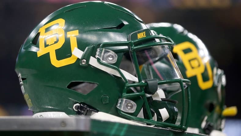 Jan 1, 2022; New Orleans, LA, USA; Baylor Bears helmets on the sidelines in the first quarter of the 2022 Sugar Bowl at the Caesars Superdome. Mandatory Credit: Chuck Cook-USA TODAY Sports