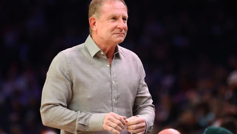 Jan 28, 2022; Phoenix, Arizona, USA; Phoenix Suns owner Robert Sarver courtside of the game against the Minnesota Timberwolves at Footprint Center. Mandatory Credit: Mark J. Rebilas-USA TODAY Sports