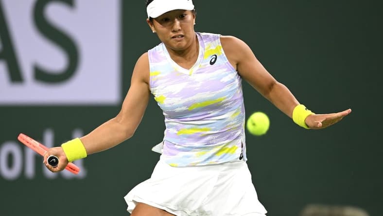 Mar 11, 2022; Indian Wells, CA, USA; Claire Liu (USA) hits a shot against Coco Gauff (not pictured) in her 2nd round match at the BNP Paribas Open at the Indian Wells Tennis Garden. Mandatory Credit: Jayne Kamin-Oncea-USA TODAY Sports