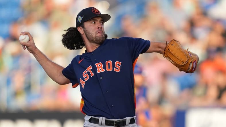 Mar 22, 2022; Port St. Lucie, Florida, USA; Houston Astros starting pitcher Peter Solomon (71) delivers a pitch in the third inning of the spring training game against the New York Mets at Clover Park. Mandatory Credit: Jasen Vinlove-USA TODAY Sports