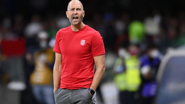 Mar 24, 2022; Mexico City, MEX; United States head coach Gregg Berhalter reacts from the sideline during the first half against Mexico during a FIFA World Cup Qualifier soccer match at Estadio Azteca. Mandatory Credit: Orlando Ramirez-USA TODAY Sports