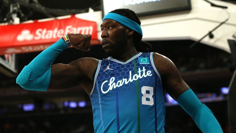 Mar 30, 2022; New York, New York, USA; Charlotte Hornets center Montrezl Harrell (8) reacts after a dunk and a foul against the New York Knicks during the second quarter at Madison Square Garden. Mandatory Credit: Brad Penner-USA TODAY Sports