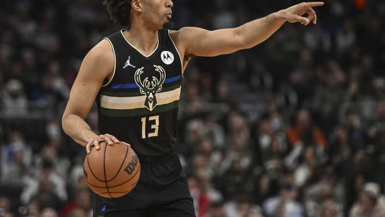Apr 1, 2022; Milwaukee, Wisconsin, USA; Milwaukee Bucks forward Jordan Nwora (13) calls a play in the third quarter during game against the Los Angeles Clippers at Fiserv Forum. Mandatory Credit: Benny Sieu-USA TODAY Sports