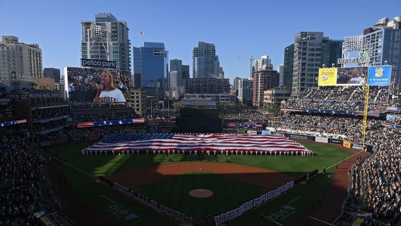 Apr 14, 2022; San Diego, California, USA; A general overview of Petco Park during the playing of the national anthem before the game between the San Diego Padres and the Atlanta Braves. Mandatory Credit: Orlando Ramirez-USA TODAY Sports