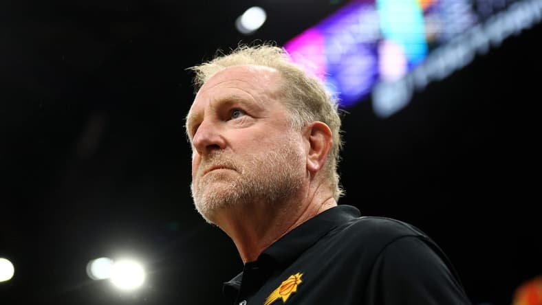 Apr 19, 2022; Phoenix, Arizona, USA; Phoenix Suns owner Robert Sarver against the New Orleans Pelicans during game two of the first round for the 2022 NBA playoffs at Footprint Center. Mandatory Credit: Mark J. Rebilas-USA TODAY Sports