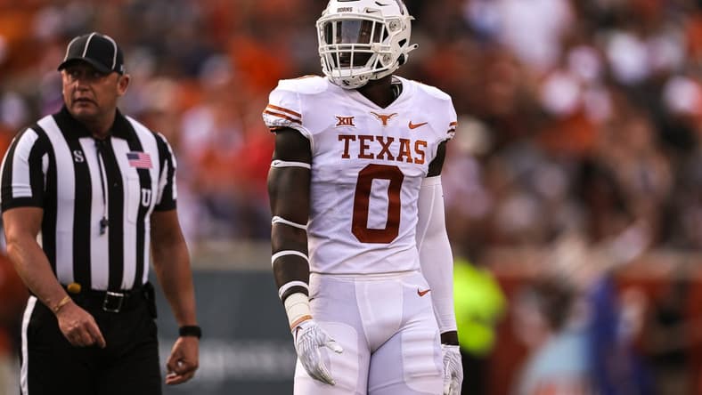 April 23, 2022; Austin, TX, USA; Texas linebacker DeMarvion Overshown (0) takes the field during Texas's annual spring football game at Royal Memorial Stadium in Austin, Texas on April 23, 2022. Mandatory Credit: Aaron E. Martinez-USA TODAY NETWORK