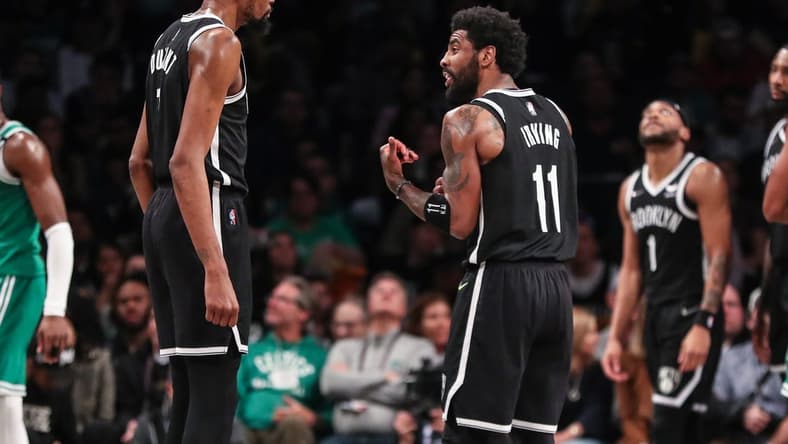 Apr 23, 2022; Brooklyn, New York, USA; Brooklyn Nets forward Kevin Durant (7) and guard Kyrie Irving (11) at Barclays Center. Mandatory Credit: Wendell Cruz-USA TODAY Sports