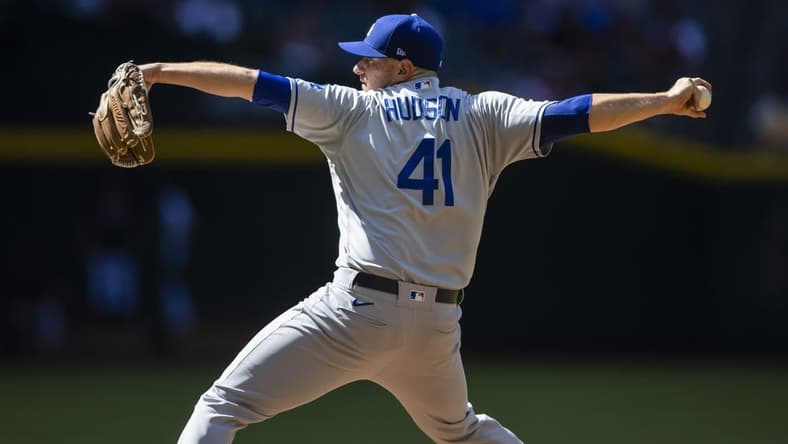 Apr 27, 2022; Phoenix, Arizona, USA; Los Angeles Dodgers pitcher Daniel Hudson against the Arizona Diamondbacks at Chase Field. Mandatory Credit: Mark J. Rebilas-USA TODAY Sports