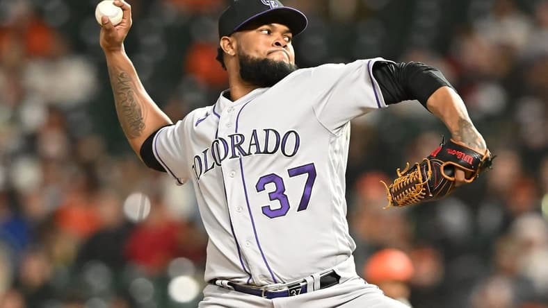 Jun 7, 2022; San Francisco, California, USA; Colorado Rockies relief pitcher Alex Colome (37) throws a pitch against the San Francisco Giants during the eighth inning at Oracle Park. Mandatory Credit: Robert Edwards-USA TODAY Sports