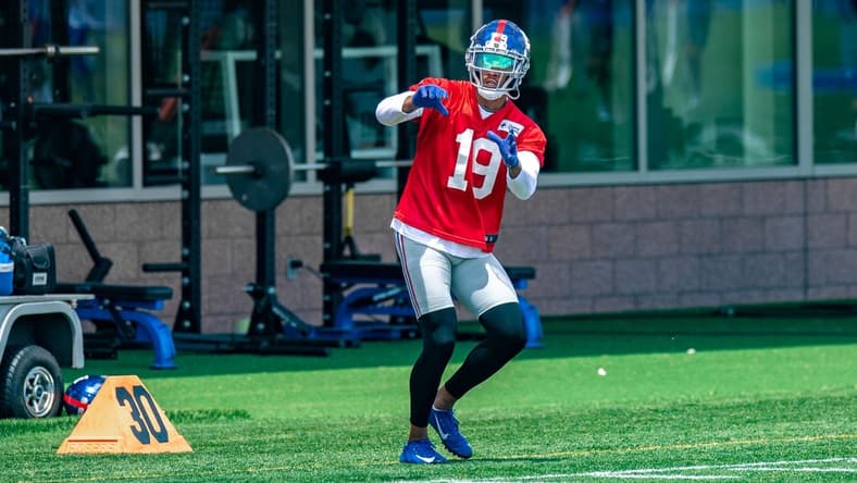 Jun 7, 2022; East Rutherford, New Jersey, USA; New York Giants wide receiver Kenny Golladay (19) participates in a drill during minicamp at MetLife Stadium. Mandatory Credit: John Jones-USA TODAY Sports