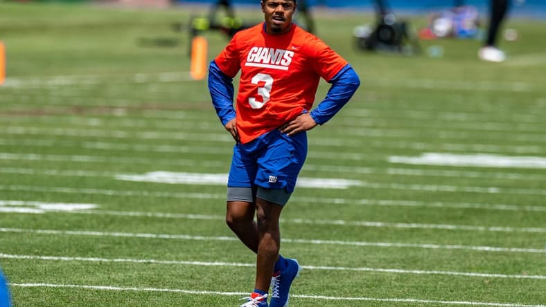 Jun 7, 2022; East Rutherford, New Jersey, USA;  New York Giants wide receiver Sterling Shepard (3) looks on during a drill during minicamp at MetLife Stadium. Mandatory Credit: John Jones-USA TODAY Sports