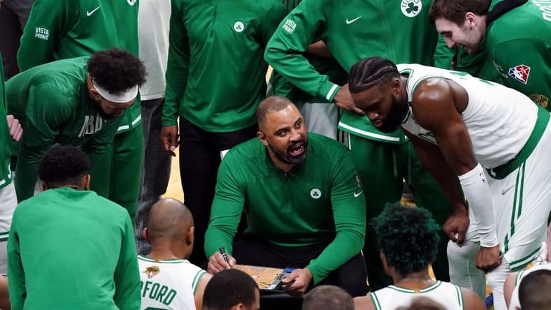Jun 10, 2022; Boston, Massachusetts, USA; Boston Celtics head coach Ime Udoka talks with his team during a timeout in the second quarter of game four in the 2022 NBA Finals against the Golden State Warriors at the TD Garden. Mandatory Credit: David Butler II-USA TODAY Sports