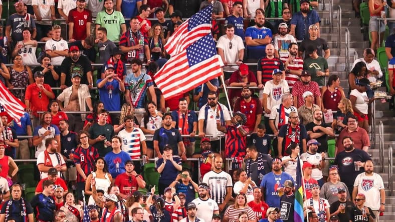 Fans wave American flags during United States men's national team soccer match against Grenada at Q2 Stadium in Austin, Texas on June 10, 2022.

Aem Usmnt Vs Grenada 061022 19