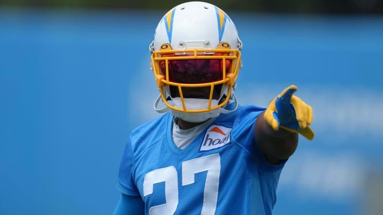 Jun 14, 2022; Costa Mesa, California, USA; Los Angeles Chargers cornerback J.C. Jackson (27) during minicamp at the Hoag Performance Center. Mandatory Credit: Kirby Lee-USA TODAY Sports