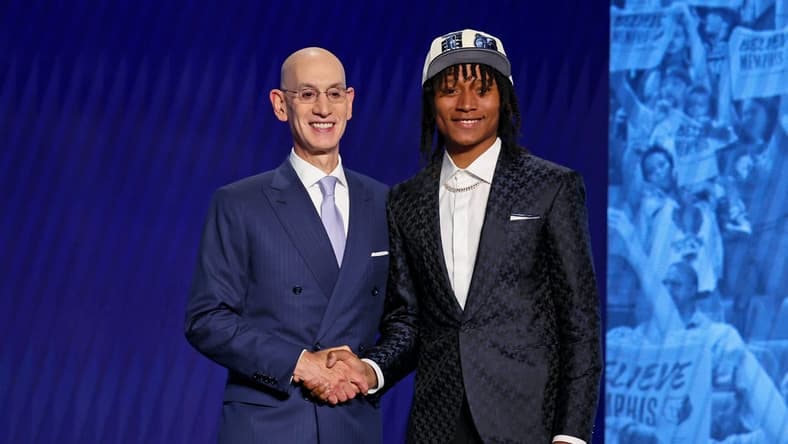 Jun 23, 2022; Brooklyn, NY, USA; TyTy Washington Jr. (Kentucky) shakes hands with NBA commissioner Adam Silver after being selected as the number twenty-nine overall pick by the Memphis Grizzlies in the first round of the 2022 NBA Draft at Barclays Center. Mandatory Credit: Brad Penner-USA TODAY Sports