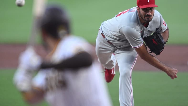 Jun 25, 2022; San Diego, California, USA; Philadelphia Phillies starting pitcher Zach Eflin (56) throws a pitch against the San Diego Padres during the first inning at Petco Park. Mandatory Credit: Orlando Ramirez-USA TODAY Sports