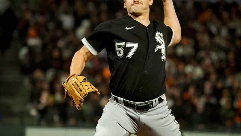 Jul 1, 2022; San Francisco, California, USA; Chicago White Sox relief pitcher Tanner Banks (57) throws against the San Francisco Giants during the eighth inning at Oracle Park. Mandatory Credit: Kelley L Cox-USA TODAY Sports
