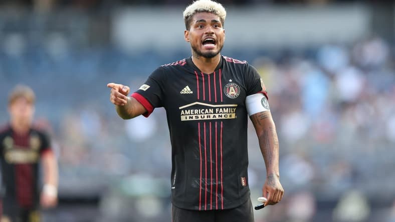 Jul 3, 2022; New York, New York, USA; Atlanta United forward Josef Martinez (7) reacts during the second half against New York City FC at Yankee Stadium. Mandatory Credit: Vincent Carchietta-USA TODAY Sports