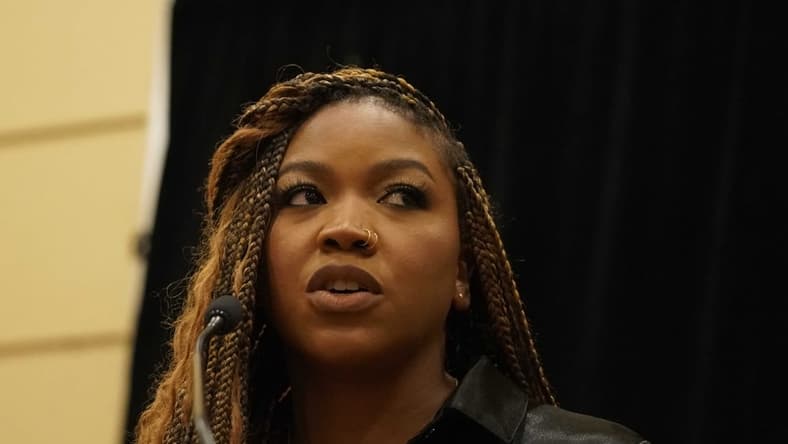 Jul 8, 2022; Chicago, IL, USA; Cherelle Griner spouse of Brittney Griner during a press conference addressing the detention of Brittney Griner in Russia at Hyatt Regency at McCormick Place. Mandatory Credit: David Banks-USA TODAY Sports
