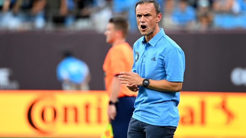 Jul 9, 2022; Charlotte, North Carolina, USA; Charlotte FC head coach Christian Lattanzio reacts in the first half at Bank of America Stadium. Mandatory Credit: Bob Donnan-USA TODAY Sports