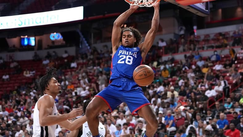 Jul 10, 2022; Las Vegas, NV, USA; Philadelphia 76ers guard Malik Ellison (28) dunks against the Brooklyn Nets during an NBA Summer League game at Thomas & Mack Center. Mandatory Credit: Stephen R. Sylvanie-USA TODAY Sports