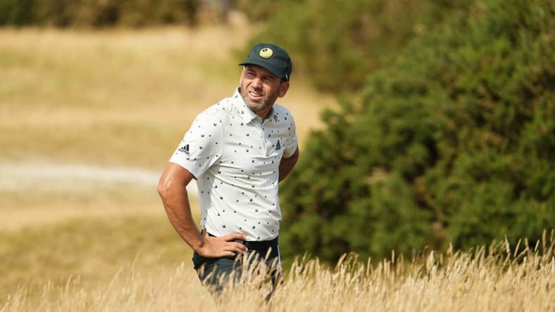Jul 16, 2022; St. Andrews, SCT; Sergio Garcia reacts after his second shot on the 13th hole during the third round of the 150th Open Championship golf tournament. Mandatory Credit: Rob Schumacher-USA TODAY Sports