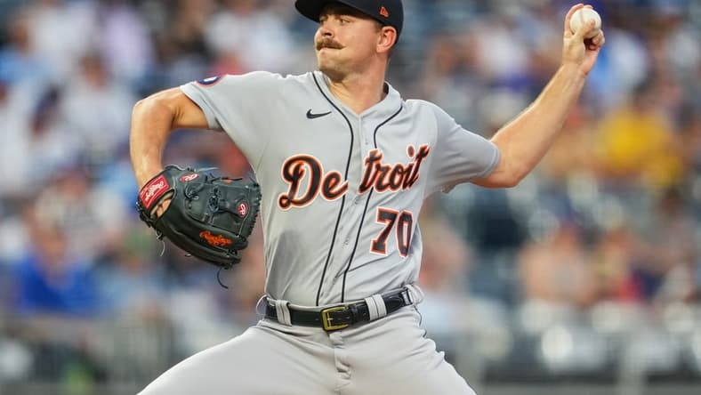 Jul 11, 2022; Kansas City, Missouri, USA; Detroit Tigers relief pitcher Tyler Alexander (70) pitches against the Kansas City Royals during the third inning at Kauffman Stadium. Mandatory Credit: Jay Biggerstaff-USA TODAY Sports