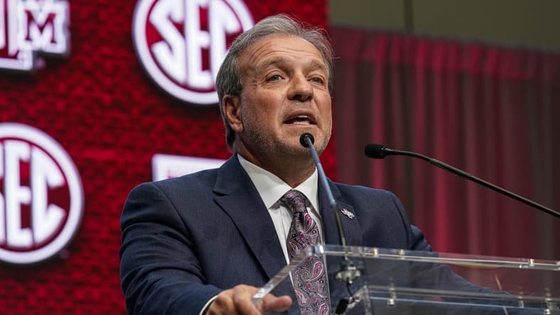Jul 21, 2022; Atlanta, GA, USA; Texas A&M head coach Jimbo Fisher shown on the stage during SEC Media Days at the College Football Hall of Fame. Mandatory Credit: Dale Zanine-USA TODAY Sports
