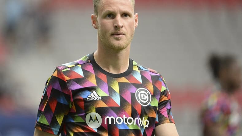 Jul 23, 2022; Vancouver, British Columbia, CAN;  Chicago Fire FC midfielder Fabian Herbers (21) wears a pride jersey during warm up at BC Place. Mandatory Credit: Anne-Marie Sorvin-USA TODAY Sports