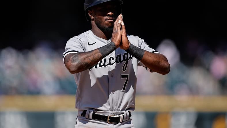 Jul 27, 2022; Denver, Colorado, USA; Chicago White Sox shortstop Tim Anderson (7) reacts in the seventh inning against the Colorado Rockies at Coors Field. Mandatory Credit: Isaiah J. Downing-USA TODAY Sports