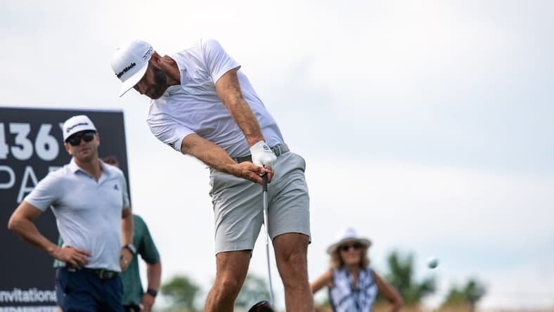 Jul 28, 2022; Bedminster, NJ, USA; Dustin Johnson (USA) hits a tee shot on hole 2 during the LIV Invitational Pro-Am at Trump National Golf Club Bedminster. Mandatory Credit: John Jones-USA TODAY Sports