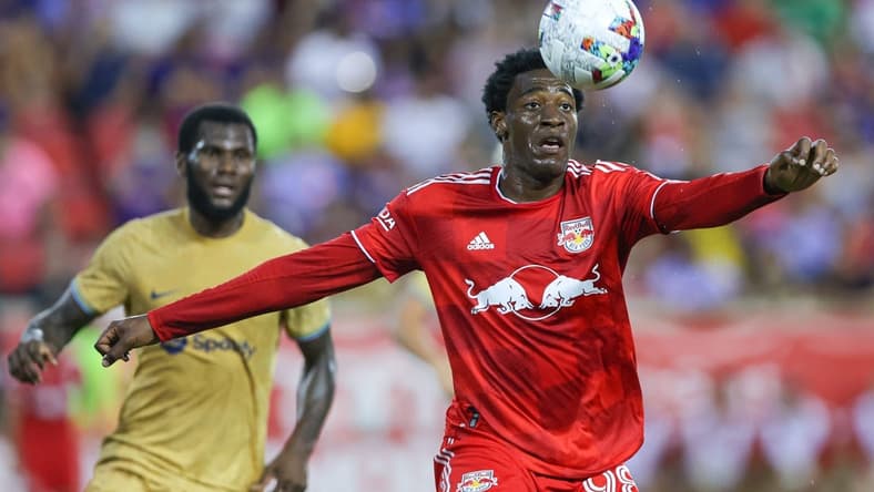 Jul 30, 2022; Harrison, New Jersey, USA; New York Red Bulls defender Hassan Ndam (98) plays the ball against FC Barcelona during the second half at Red Bull Arena. Mandatory Credit: Vincent Carchietta-USA TODAY Sports