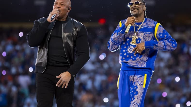 Feb 13, 2022; Inglewood, CA, USA; Dr. Dre and Snoop Dogg perform during the halftime show for Super Bowl LVI between the Los Angeles Rams and the Cincinnati Bengals at SoFi Stadium. Mandatory Credit: Mark J. Rebilas-USA TODAY Sports